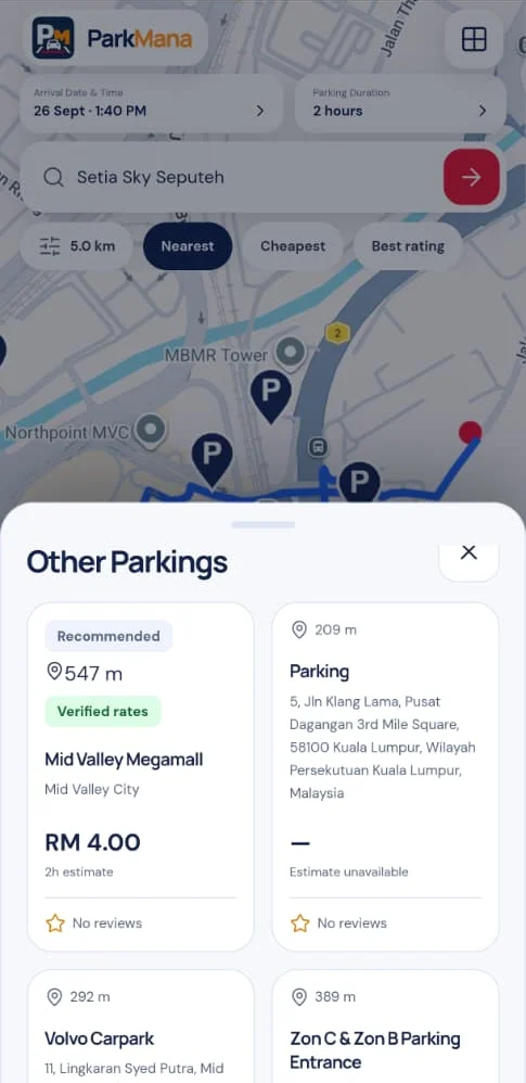 Other parkings nearby with prices and walking distance