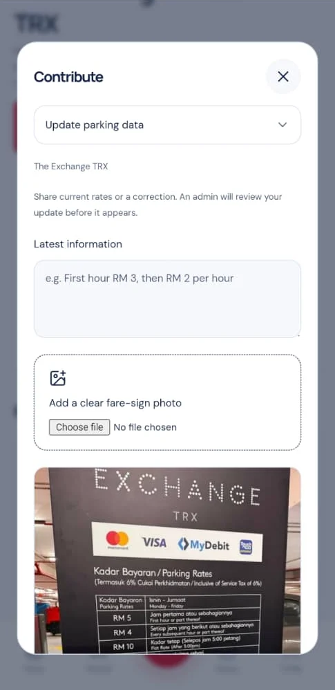 Contribute form for sharing a parking rate board