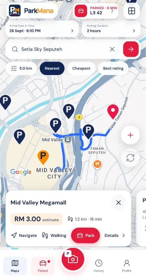 ParkMana map showing nearby parking and a walking route