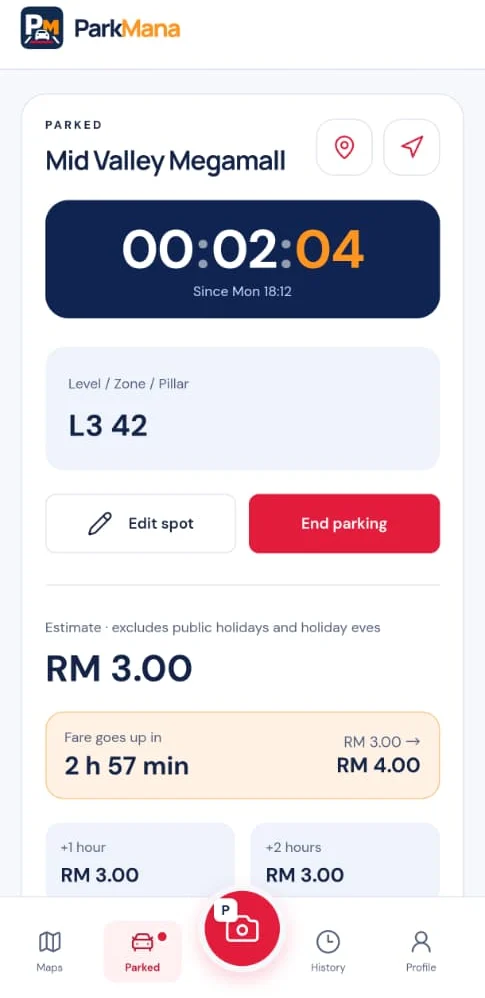 Parked screen with live timer, saved spot and fare countdown