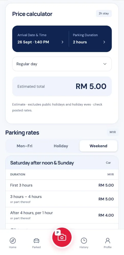 Price calculator with weekday, holiday and weekend rates